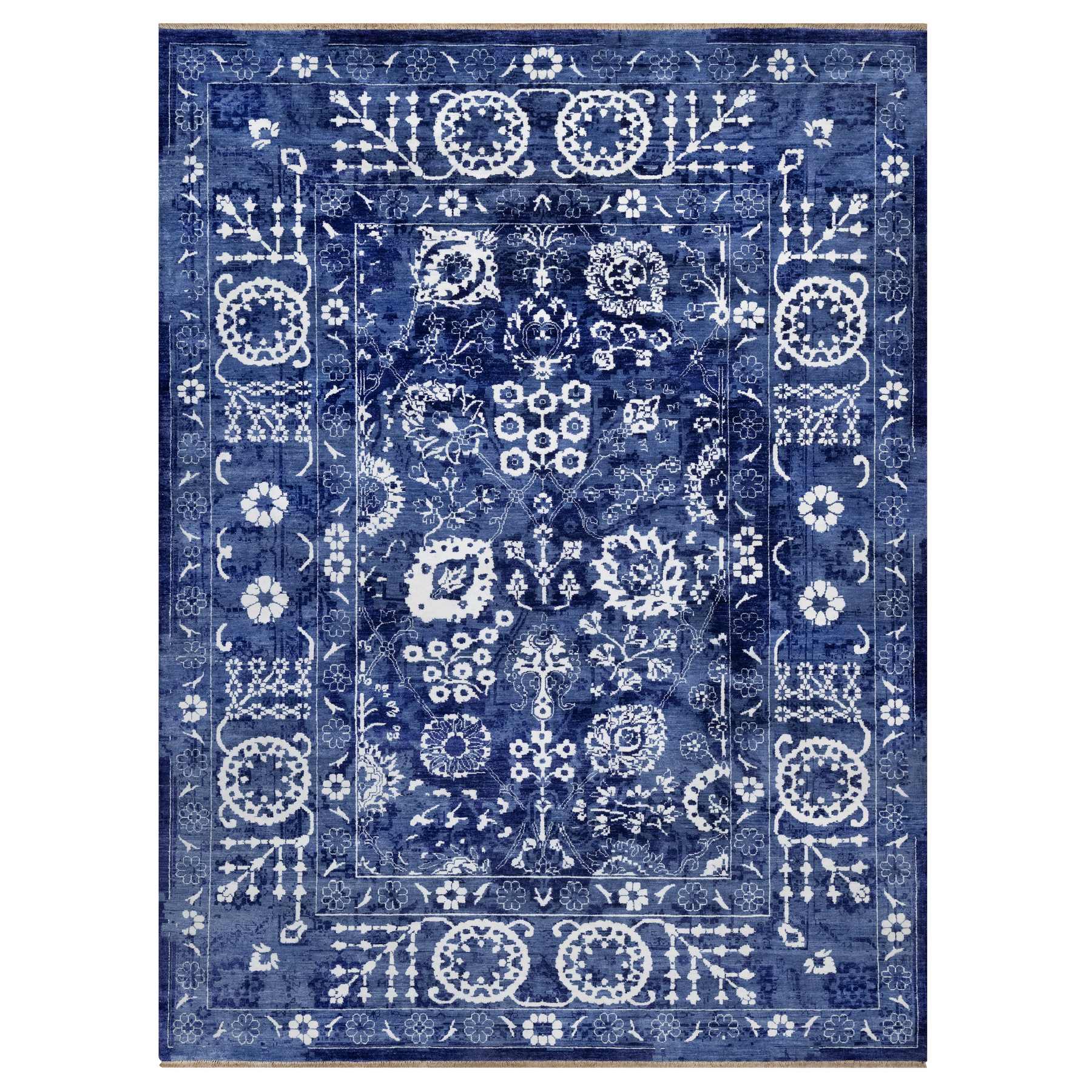 9'x12'1" Yale Blue, Tone on Tone, Tabriz with All Over Leaf Design, Hand Knotted, Lush and Plush, Wool and Silk, Oriental Rug 